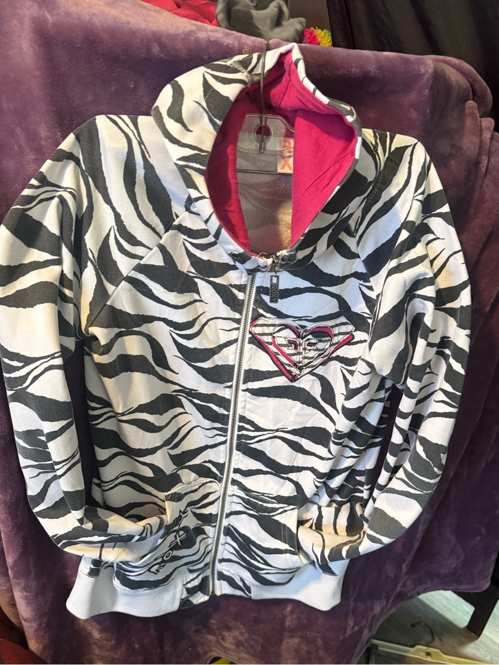Zebra-Print Women's Zip Hoodie Vest with Pink Lining